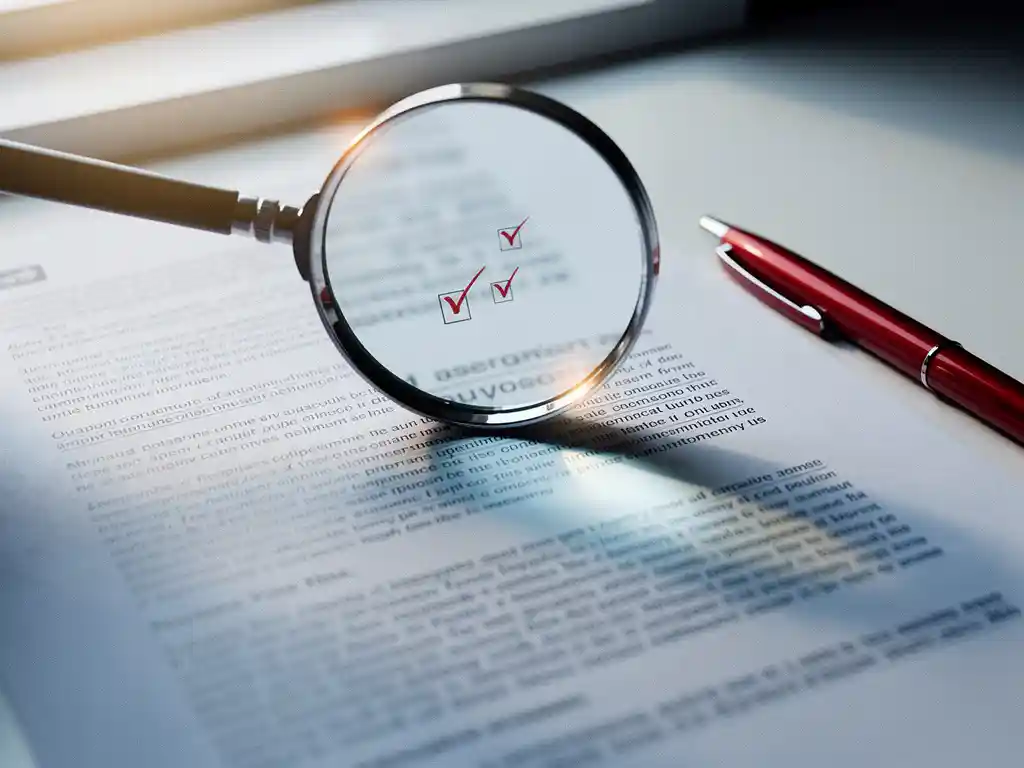 Vergrootglas van kwaliteitsinspecteur boven gedrukt document met vinkjes, rode pen op wit bureau, warme amberkleurige belichting.