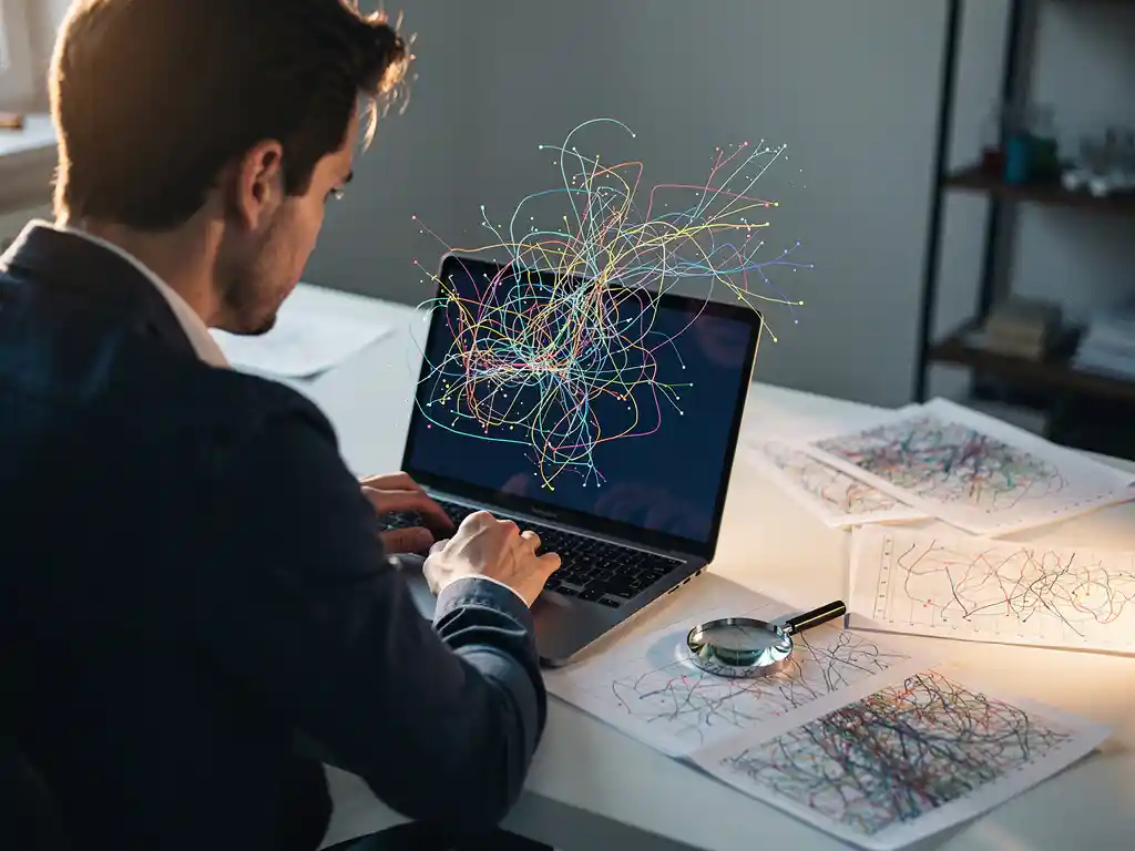 Kwaliteitsingenieur onderzoekt chaotische testresultaten op wit bureau met laptop, vergrootglas en verspreide papieren in marineblauw en amber licht.