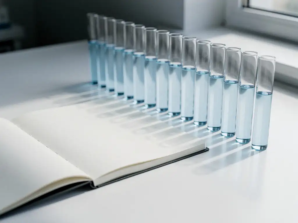 Open laboratoriumnotitie naast een rij symmetrisch gerangschikte reageerbuisjes met helder blauw vloeistof op een wit bureau.