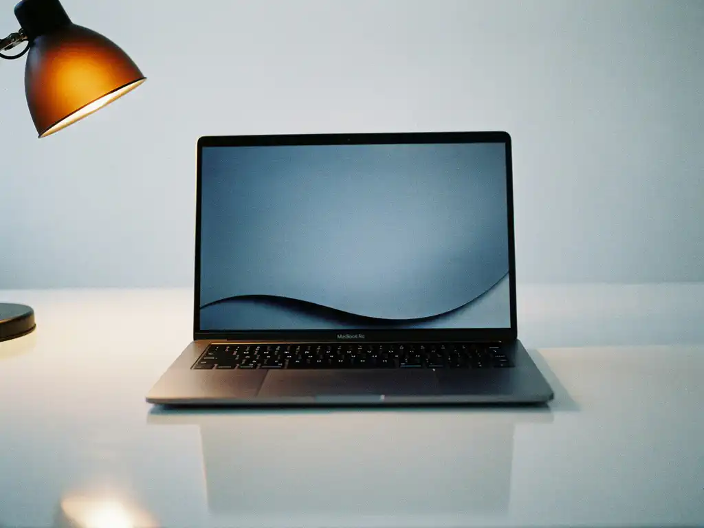 Laptop op wit bureau werpt een licht vervormde schaduw in blauwgrijze tinten, verlicht door een warme amberkleurige bureaulamp.