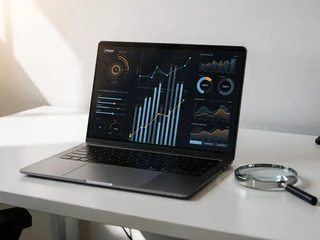 Laptop met testresultaten en prestatiegrafieken op modern bureau, met vergrootglas als AI-analysemetafoor, blauwe en amberkleurige tinten.