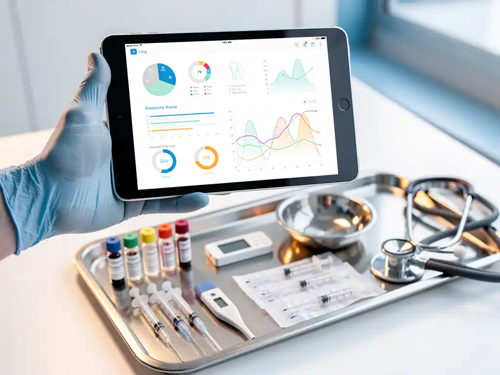 Gehandschoende hand houdt medische tablet met patiëntvitalen, omringd door steriel testmateriaal en stethoscoop op ziekenhuistafel.