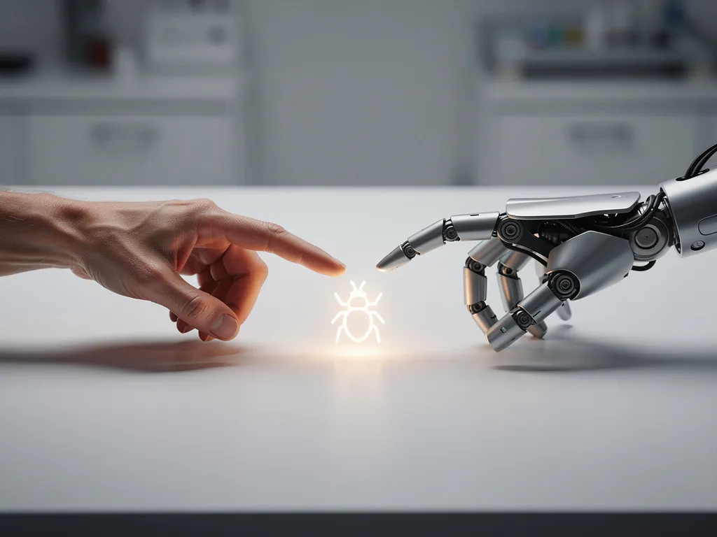 Menselijke hand en robotarm reiken samen naar een gloeiend bugreport op een wit teststation, symbool voor mens-AI-samenwerking.
