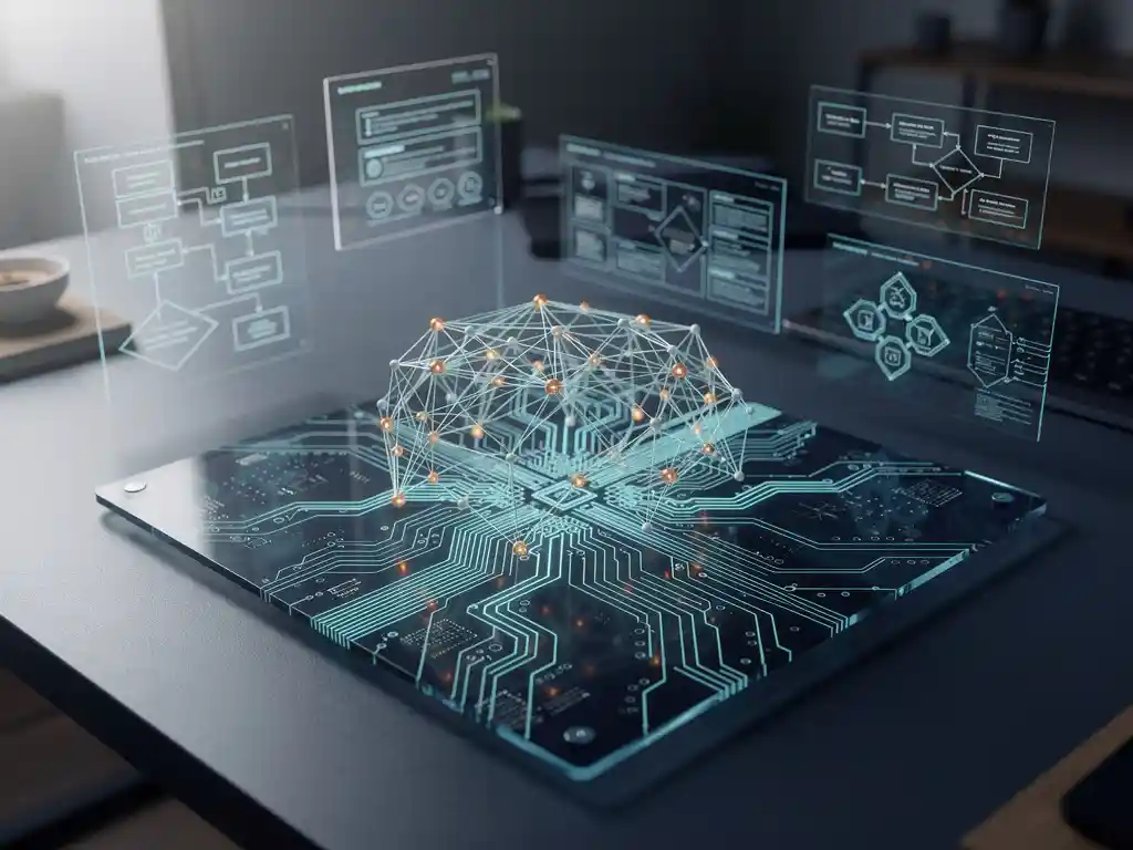 Gloeiend neuraal netwerk op transparant moederbord, omgeven door softwarearchitectuurdiagrammen op een modern bureau.