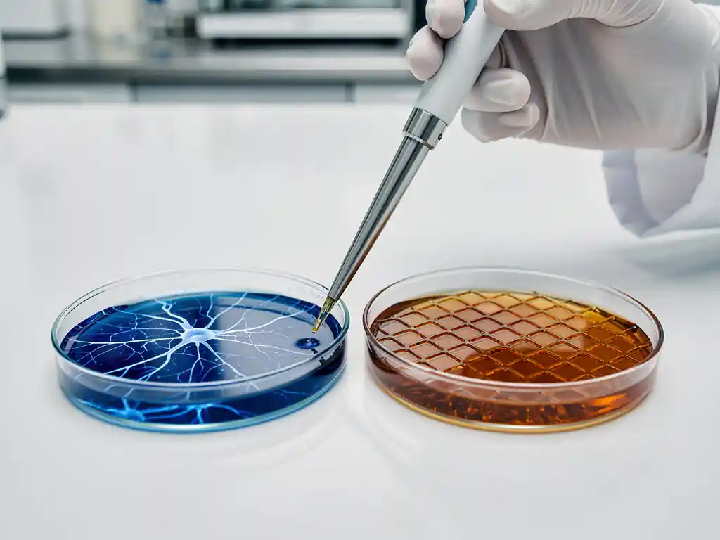 Laboratoriumtechnicus pipetteert boven twee petrischalen: één met blauw neuraal netwerkpatroon, één met amber celkweek.