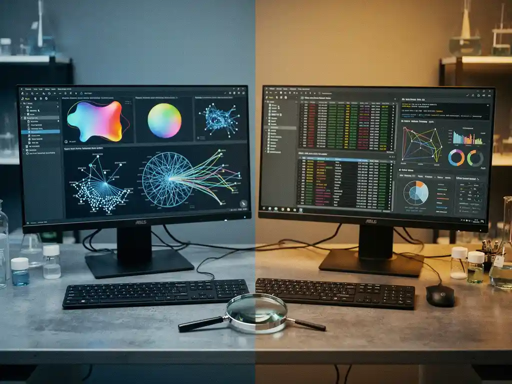 Twee testwerkstations naast elkaar: links neurale netwerkvisualisaties op monitor, rechts data-spreadsheets, verbonden door een vergrootglas.