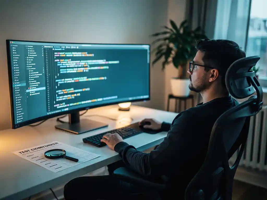 Ontwikkelaar leunt ontspannen achterover terwijl AI-code genereert op monitor, vergrootglas en testchecklist op minimalistische bureau.