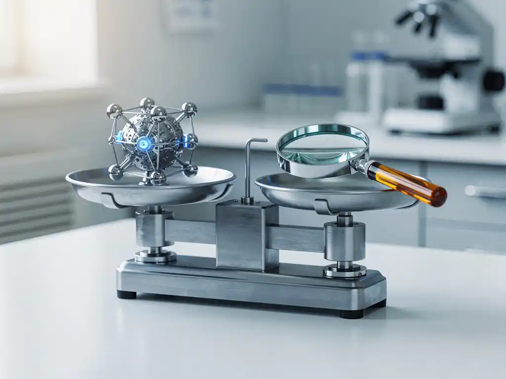 Precisiebalans op laboratoriumtafel met neurale netwerkknoop aan één kant en vergrootglas aan de andere, stalen en amberkleurige tinten.