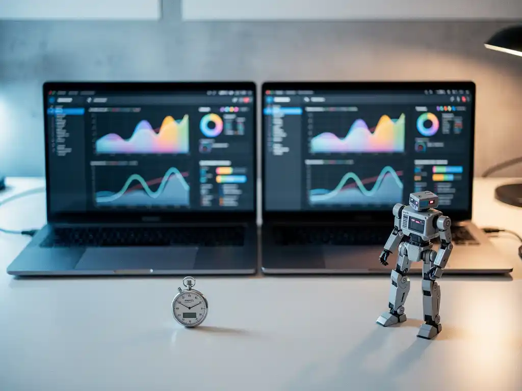 Twee laptops naast elkaar op een bureau met prestatiegrafieken en codedashboards, stopwatch en robotfiguur, softwaretestomgeving.