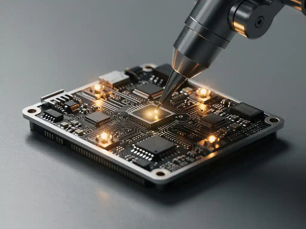 Robotarm die diagnostische tests uitvoert op een compacte printplaat, met gloeiende amber testpunten op een grijs laboratoriumwerkblad.