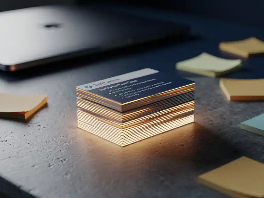 Gloeiende testcase-kaarten gesorteerd op prioriteit op een modern bureau, met sticky notes en laptop op de achtergrond.