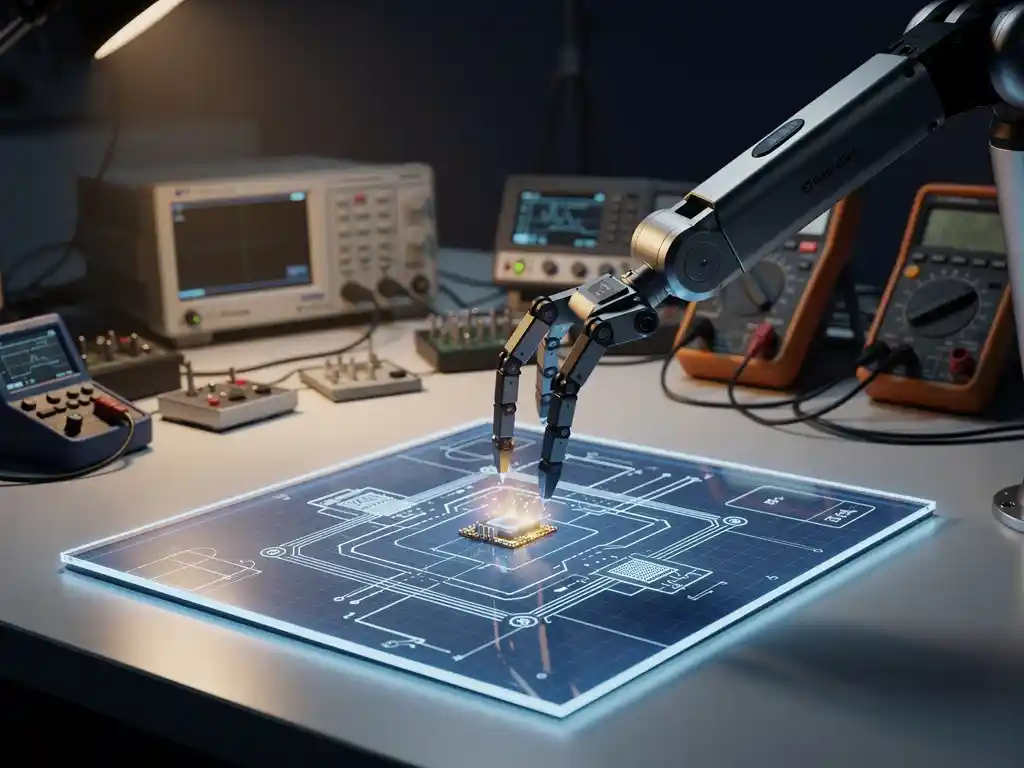Robotarm plaatst gloeiend circuitcomponent op digitale blauwdruk bij een moderne testwerkstation met diagnostische instrumenten.