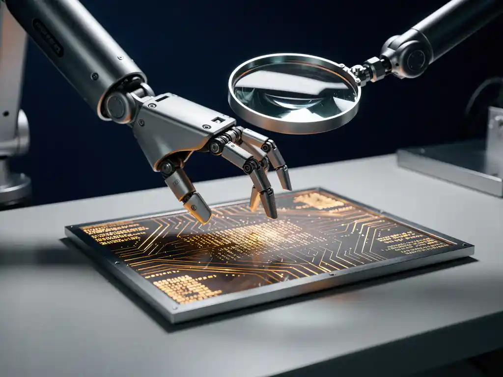Robotarm met mechanische vingers inspecteert gloeiende coderegels op een circuitboard in een modern laboratorium.