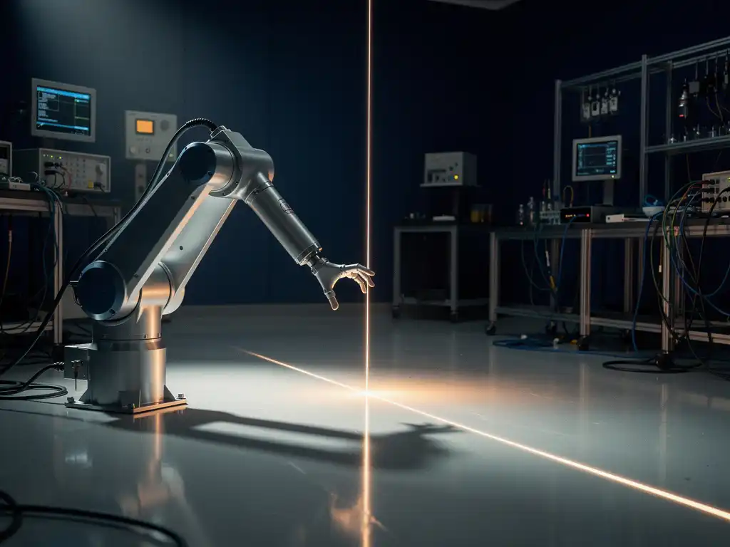 Robotarm bevroren boven gloeiende grensmarkering op laboratoriumvloer, omringd door diagnostische apparatuur en bekabelde werkbanken.