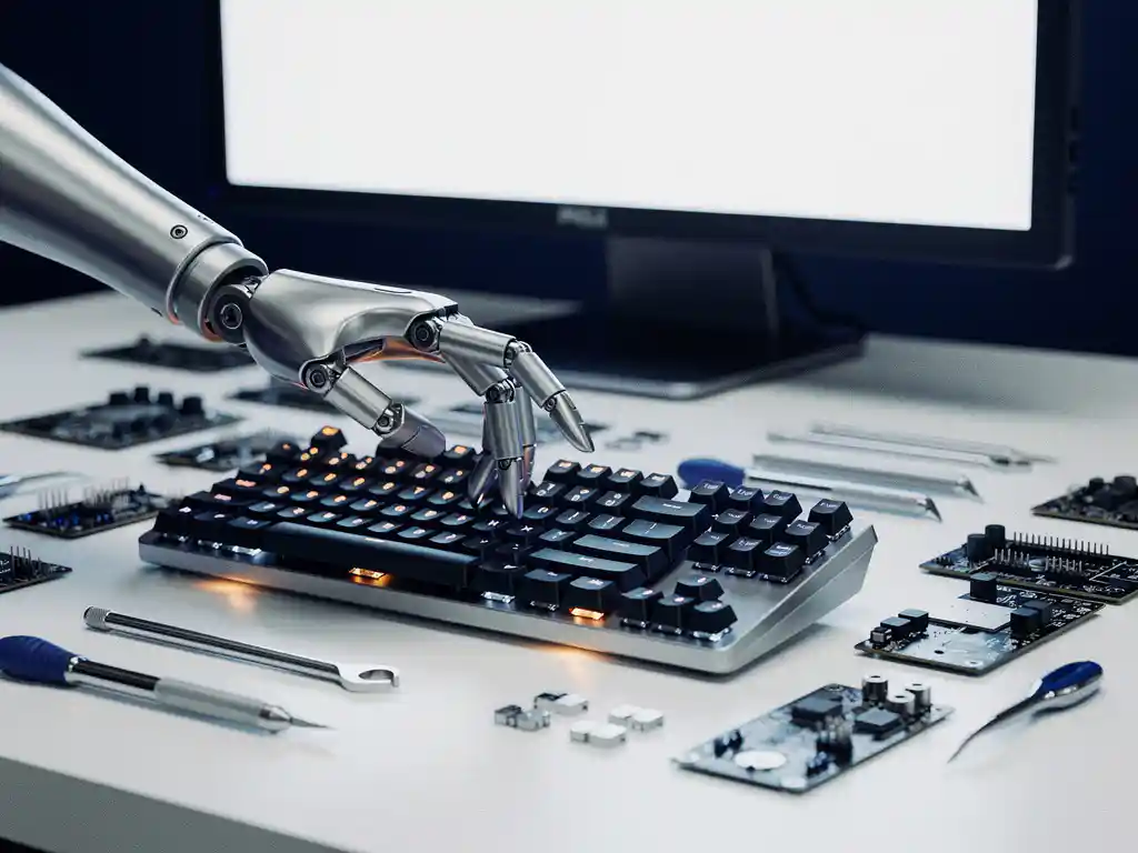 Robotarm met metalen vingers typt op mechanisch toetsenbord, precisietools op wit bureau, zachte studioverlichting in zilver en marineblauw.