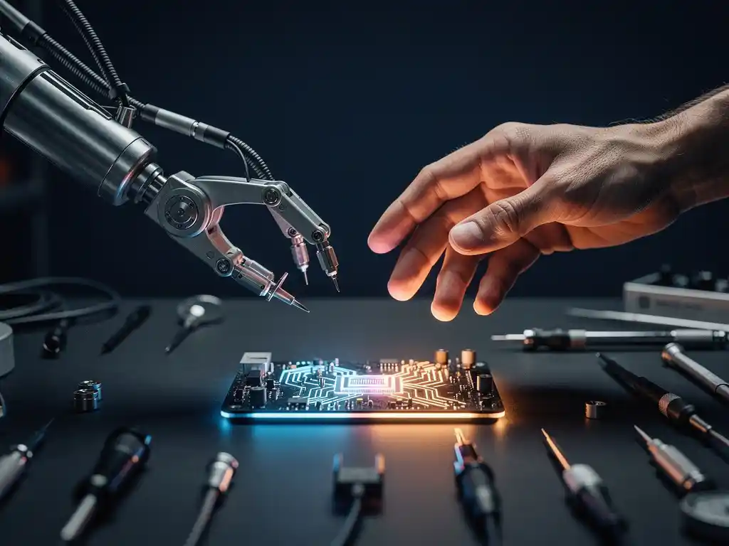 Robotarm en menselijke hand reiken naar gloeiende printplaat op donker teststation, omringd door diagnostische kabels.