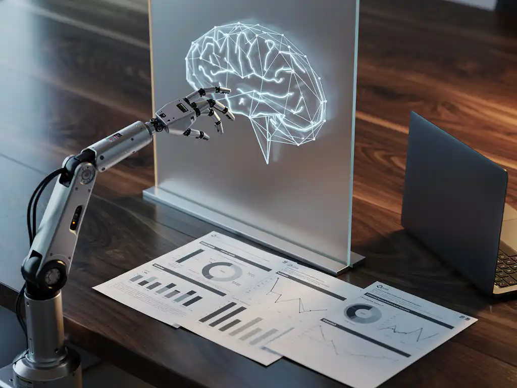 Robotarm met precisiesensoren analyseert een gloeiend neuraal netwerkdiagram op matglas, omringd door testresultaten op een modern bureau.