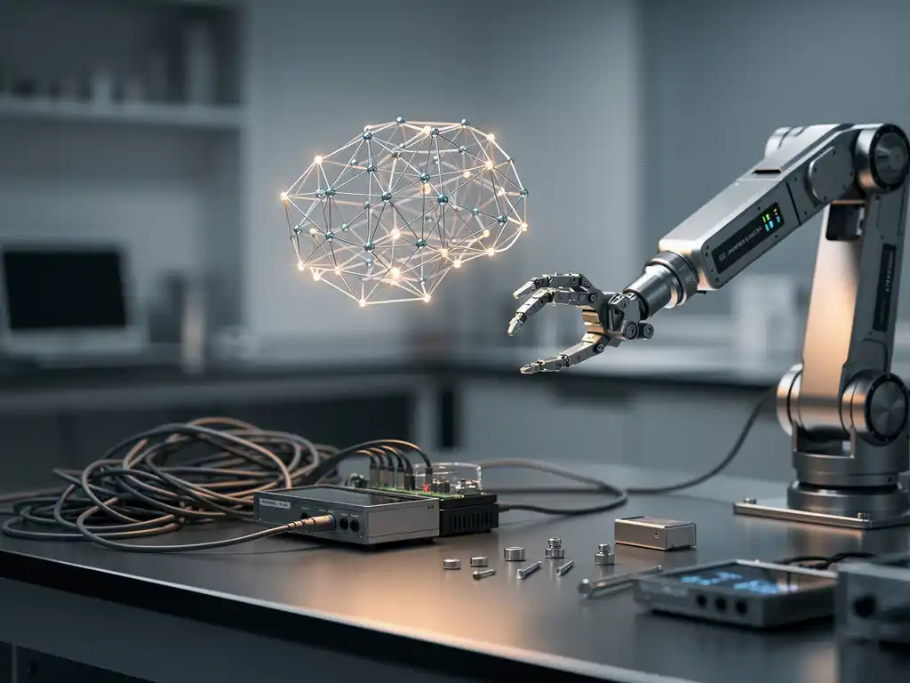 Robotarm met precisiesensoren onderzoekt een gloeiend neuraal netwerkmodel boven een laboratoriumwerkbank met diagnostische instrumenten.