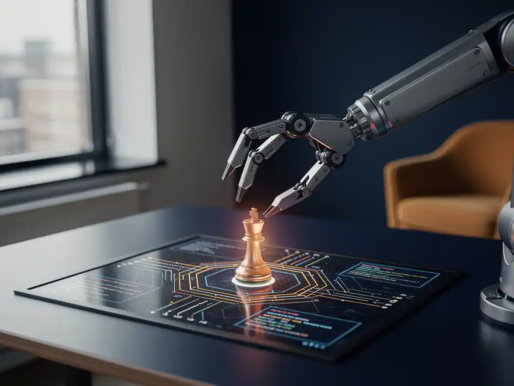 Robotarm plaatst een gloeiende schaakstuk op een testbord met codepaden, op een modern bureau in een Nederlands techkantoor.