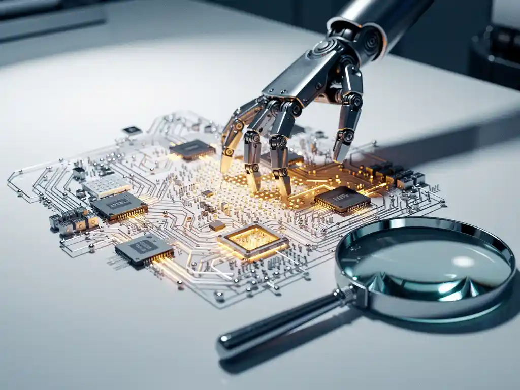 Robotarm met mechanische vingers die een gloeiend circuitbord met softwaremodules inspecteert in een wit testlaboratorium.