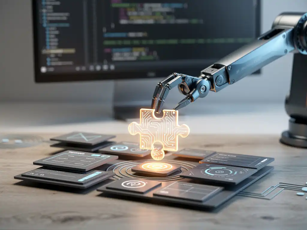 Robotarm plaatst gloeiend circuitstuk in een softwaretestdashboard op modern bureau, met testscripts zichtbaar op achtergrondmonitor.
