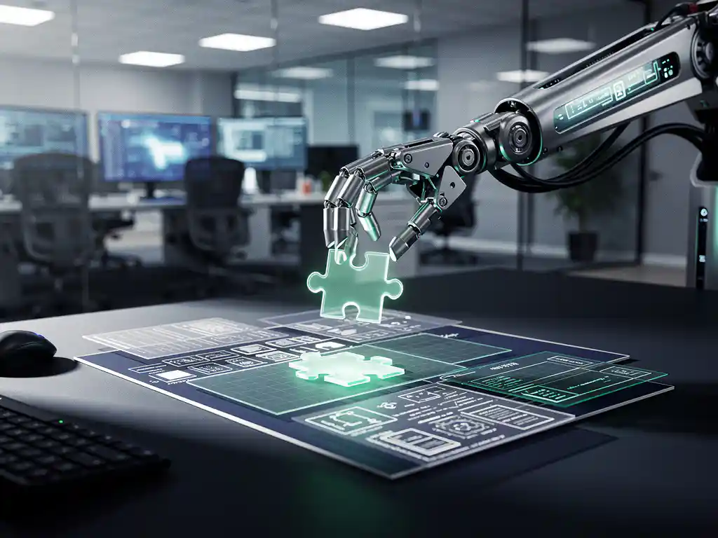 Robotarm plaatst een puzzelstuk op een software-architectuurdiagram op een donker bureau, met groen oplichtende voltooide secties.