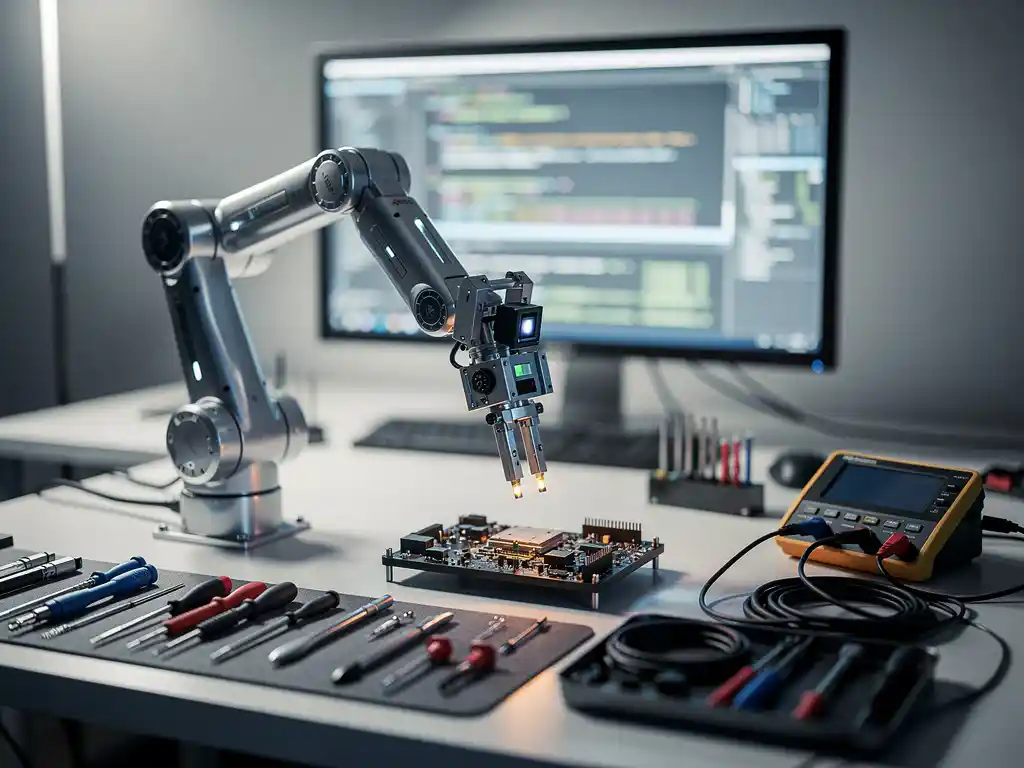 Robotarm met precisiesensoren detecteert softwarefout op ontwikkelwerkstation, code zichtbaar op monitor op de achtergrond.