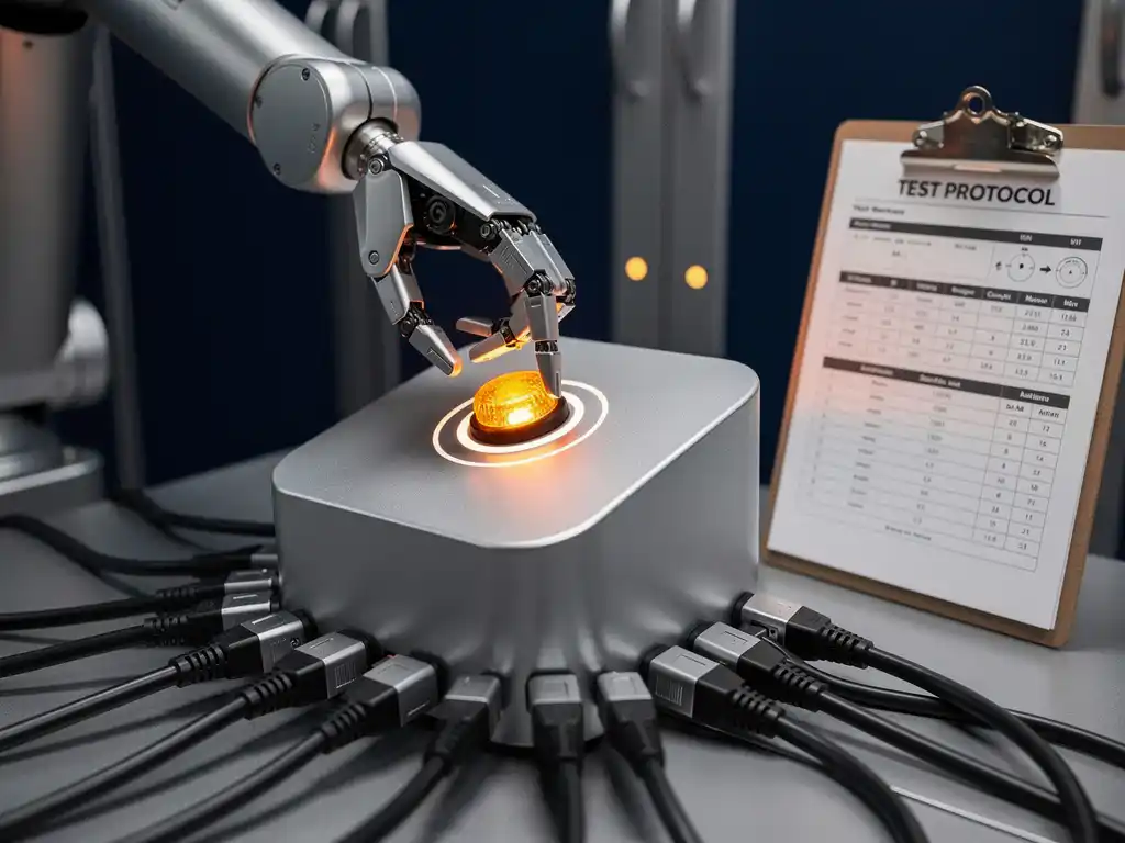 Robotarm met mechanische vingers die een gloeiende testknop indrukt op een moderne testconsole, omringd door diagnostische kabels.