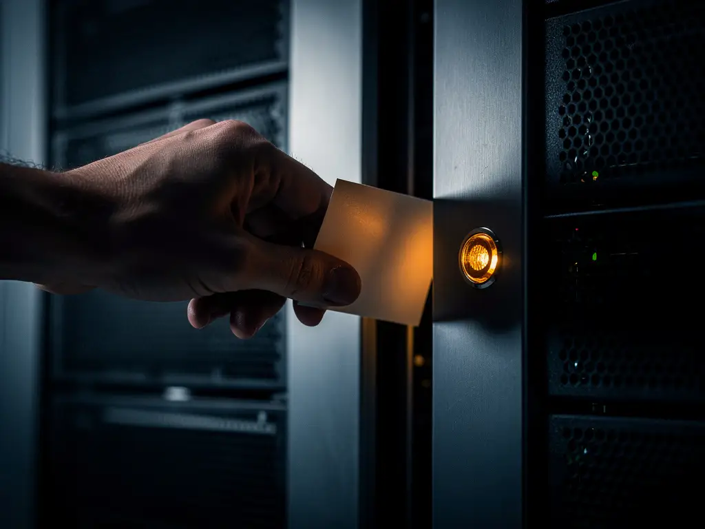 Schaduwachtige hand die een gevouwen briefje door een smalle opening in een serverrack schuift, met een gloeiend amber indicatielampje op de achtergrond.