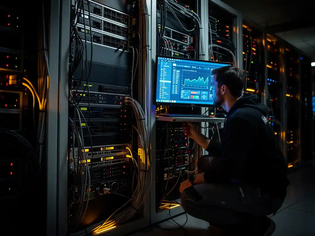 Ingenieur onderzoekt prestatie-dashboard op serverrack met rode en oranje waarschuwingslampjes in donkere datacenterkamer.