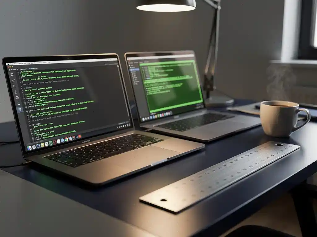 Softwareontwikkelaar bureau met meerdere laptops waarop testsuites draaien, koffiemok en liniaal, groen terminallicht op gepolijste oppervlakken.