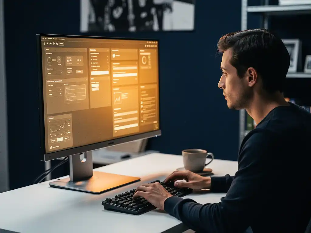 Software-engineer bestudeert testinterfaces op monitor in modern werkstation met mechanisch toetsenbord en koffiekopje.