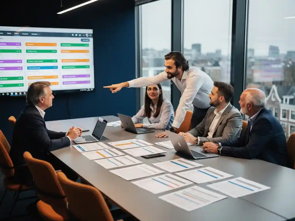 Diverse professionals overleggen rond vergadertafel met testrapportages en laptops, één persoon wijst naar scherm met softwaretestresultaten.