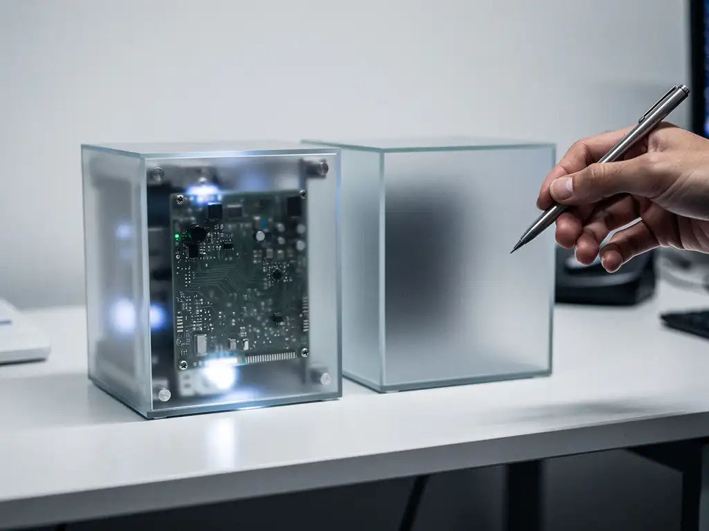 Hand van softwaretester met stylus reikt naar twee frosted glazen dozen op modern bureau, één met zichtbare printplaat, één ondoorzichtig.