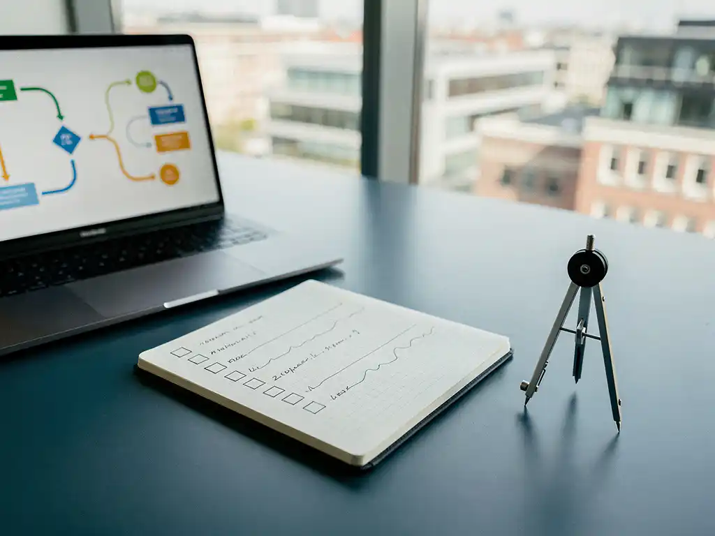 Bureau van een softwaretester met opengeslagen checklist-notitieboek, laptop met testpipeline-grafieken en kompas in modern kantoor met natuurlijk licht.