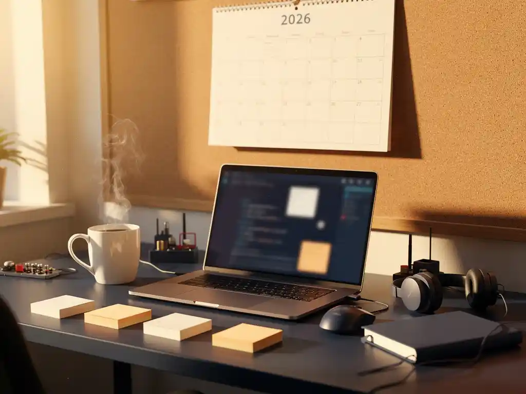 Bureau van een softwaretester met laptop, plaknotities en koffie, verlicht door warm ochtendlicht naast een kalender van 2026.