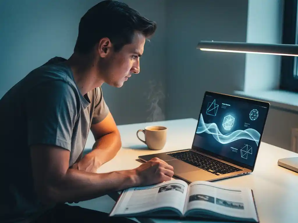 Softwaretestprofessional studeert aan modern bureau met open studieboek, laptop met AI-diagrammen en dampende koffie.
