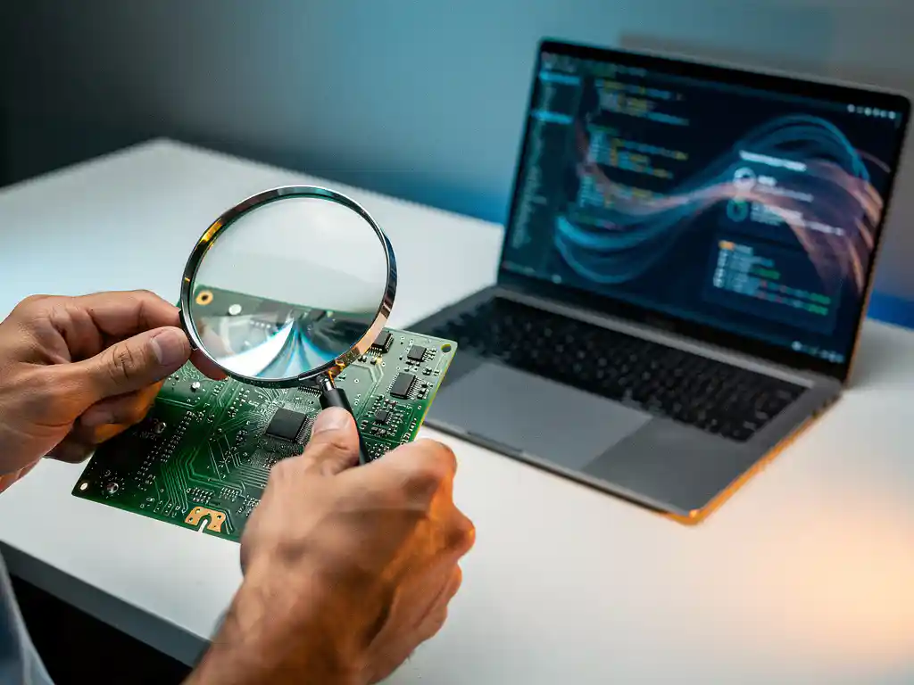 Handen van een softwaretester met vergrootglas boven een printplaat, laptop met testscripts op wit bureau op de achtergrond.