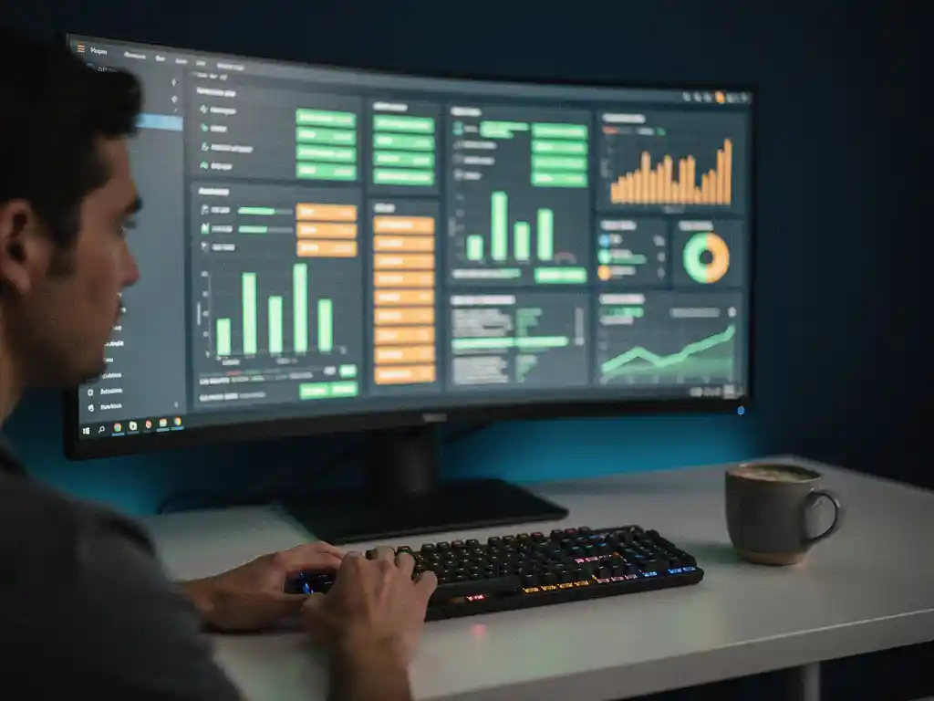 Softwaretester bekijkt live testresultaten op gebogen monitor met groene en oranje statusindicatoren in modern kantoor.