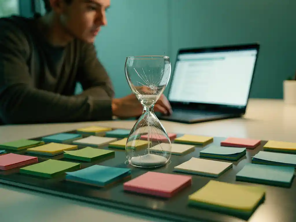 Softwaretester bekijkt een gebarsten zandloper op een agile sprintbord vol sticky notes en taakkaarten, laptop op de achtergrond.