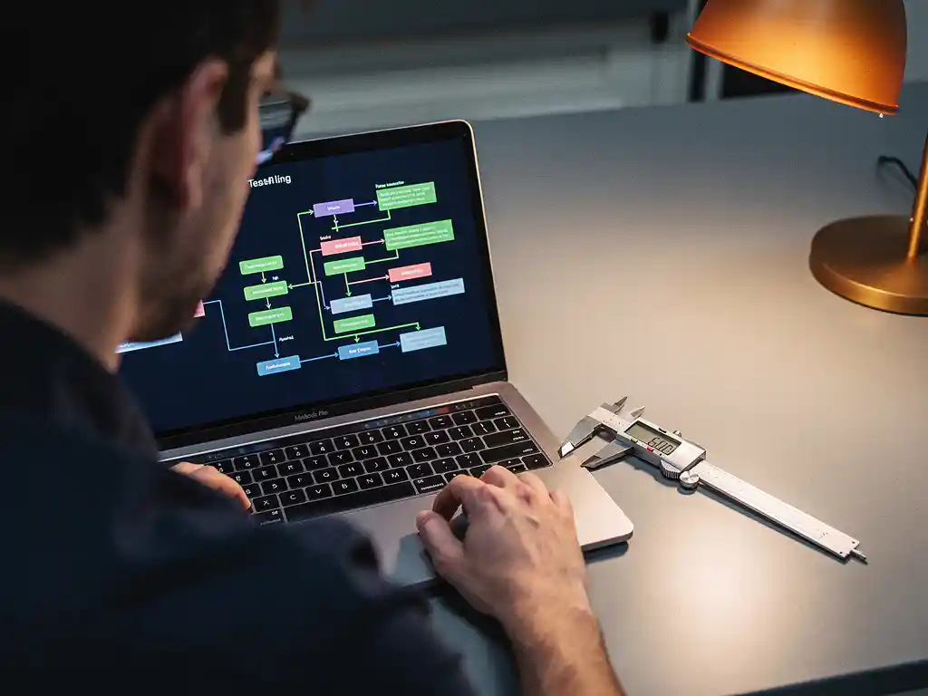 Software testingenieur bestudeert geautomatiseerde testpipelines op laptop, met digitale schuifmaat op bureau onder warm amberkleurig licht.