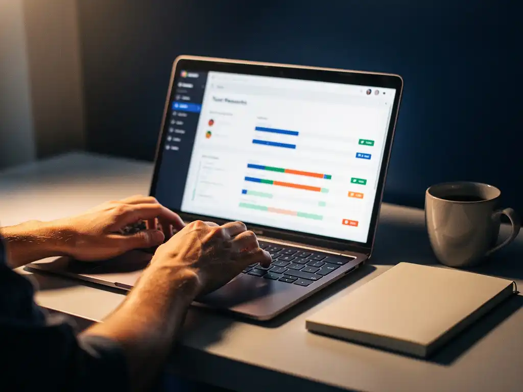Softwaretester typt op laptop met testrapport op scherm, naast notitieboek en koffiekop op modern bureau.