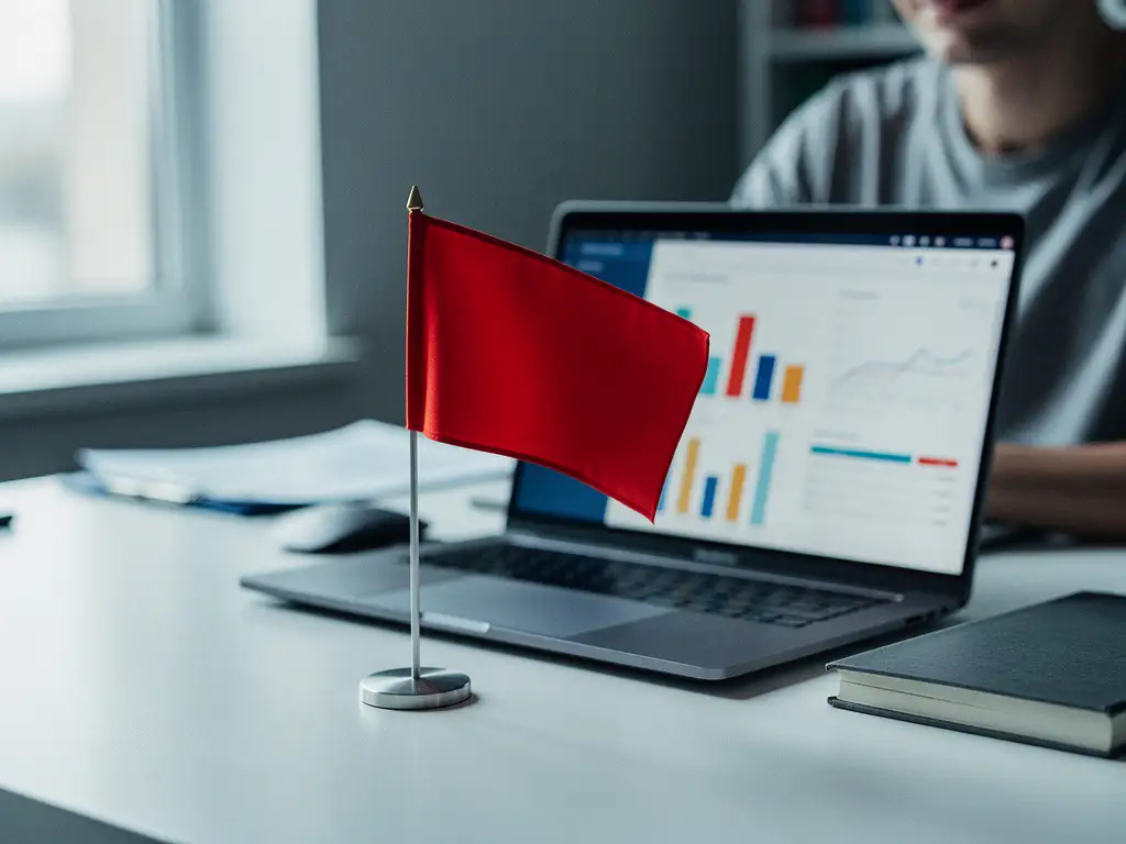 Softwaretester pauzeert aan modern bureau met laptop waarop testresultaten zichtbaar zijn en een rood waarschuwingsvlaggetje naast het toetsenbord.