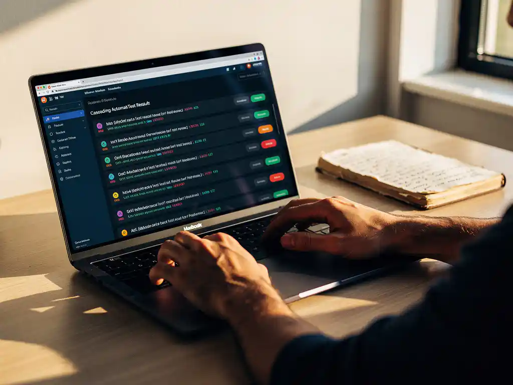 Softwaretester aan bureau met laptop waarop geautomatiseerde testresultaten zichtbaar zijn, naast notitieboek met handgeschreven testcases.