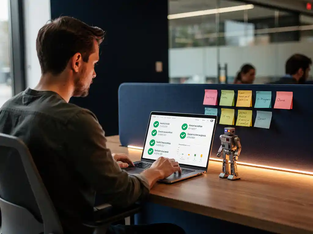 Softwaretester bekijkt testresultaten op laptop, omringd door sticky notes als sprintbord en een robotfiguur op modern bureau.