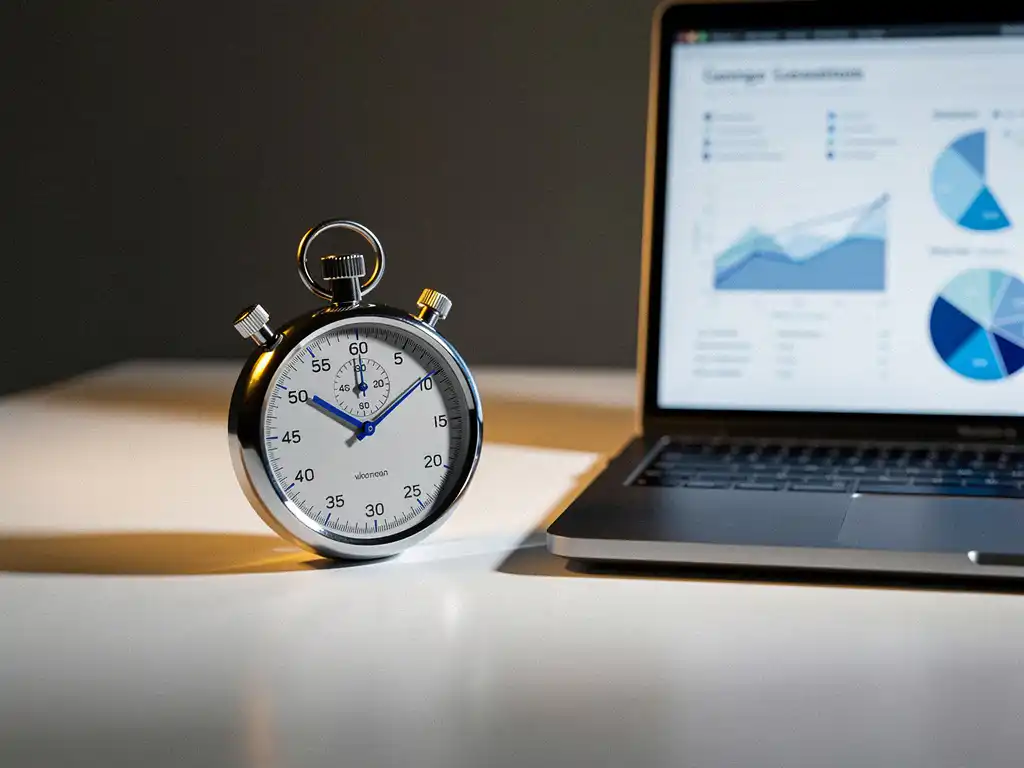 Stopwatch op minimalistisch wit bureau naast laptop met testdashboard, in zilver, blauw en amber tinten.