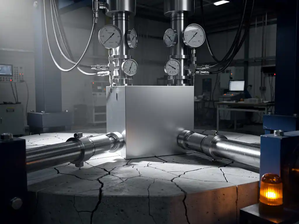 Stresstestmachine met drukmeters die een onbeschadigde metalen kubus belasten, omringd door betonnen oppervlak met haarscheurtjes, industrieel testlaboratorium.