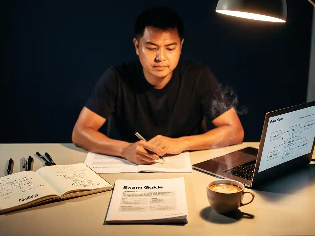 Professional studeert AI-examengids en technische aantekeningen aan modern bureau met laptop en dampende koffie in warm amberkleurig licht.