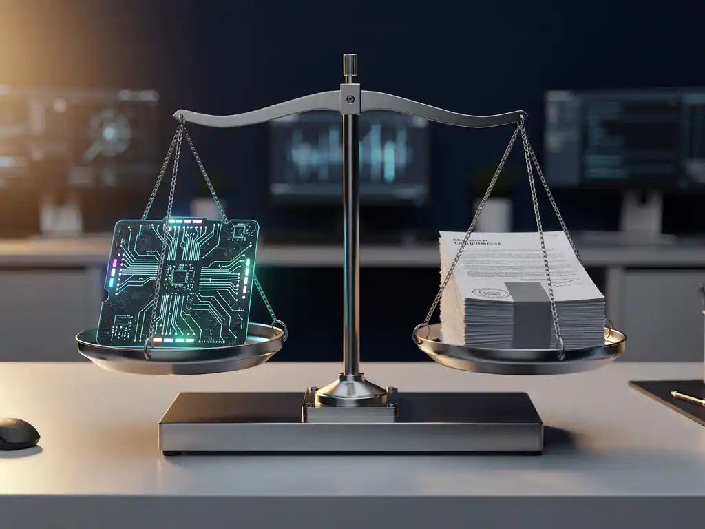 Mechanische weegschaal in balans met een gloeiend printplaat en compliance-documenten, gesymboliseerd op een modern bureau.