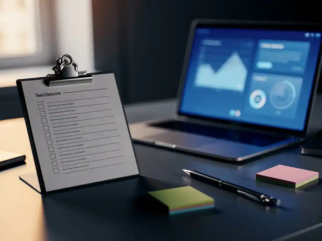 Testchecklist op klembord naast gloeiend laptopscherm in moderne werkruimte, met sticky notes en mechanisch potlood.